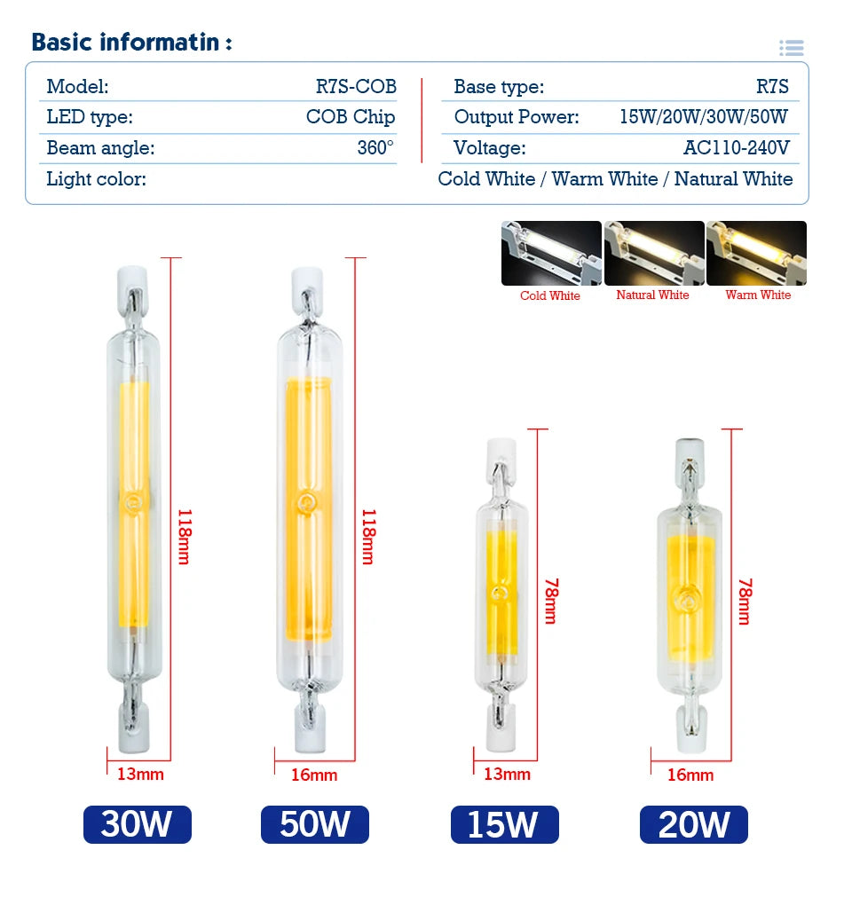 1-10pcs High Power LED R7s COB Glass Tube 78mm 118mm J78 J118 COB Light Bulb 110V 220V 15W 20W 30W 50W Home Replace Halogen Lamp.