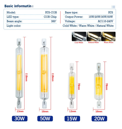 1-10pcs High Power LED R7s COB Glass Tube 78mm 118mm J78 J118 COB Light Bulb 110V 220V 15W 20W 30W 50W Home Replace Halogen Lamp.
