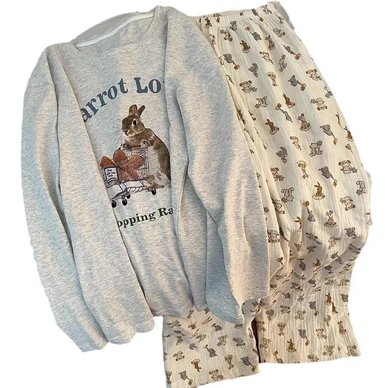 Spring and Autumn New Women's Cartoon Ins Style Pajamas Homewear Suit Girls Students Long-Sleeved Sweet Pajamas Loose Homewear.