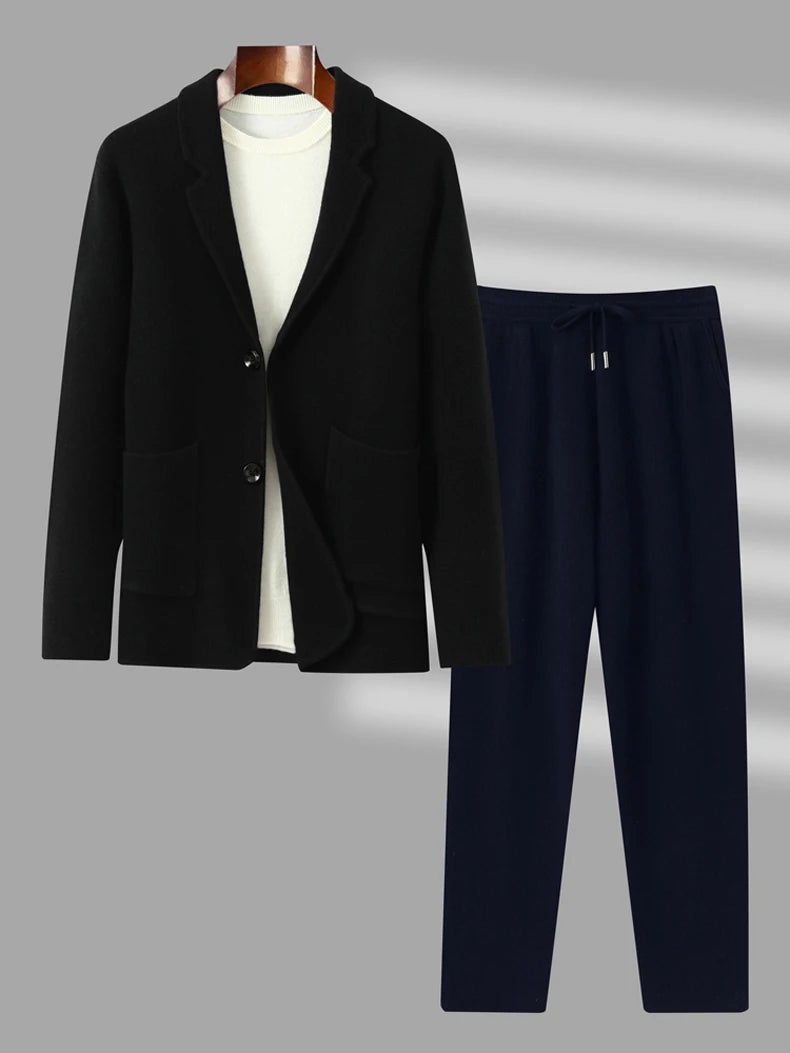 100%Cashmere Suit Men's Suit Collar Knitted Cardigan Business Casual Coat High Waisted Knitted Shorts Winter Thick Two-piece Set.