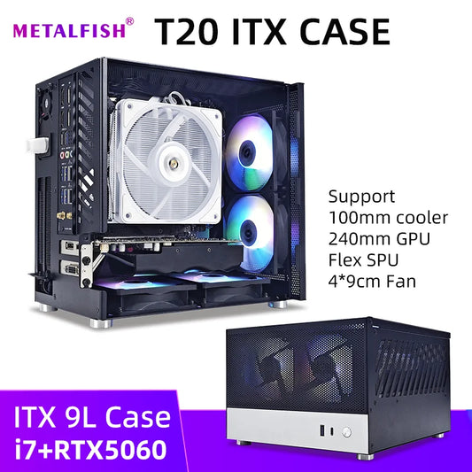 METALFISH T20 Mini ITX Case 9L Gaming Computer White Chassis Compact PC Support Flex PSU/100mm Cooler/180Liquid Cooler/240mm GPU.