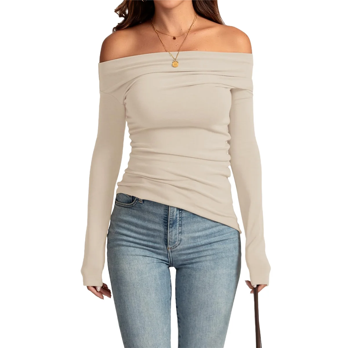AG-Women's Off Shoulder Tops Dressy Long Sleeve Asymmetrical Slim Fit Going Out Fall Blouse Ruched Shirts.