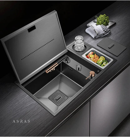 ASRAS Nanometer Hidden Flip Cover kitchen Island Sink 4mm Thickness Handmade Cup Rinser And Trash Can Kitchen Sinks