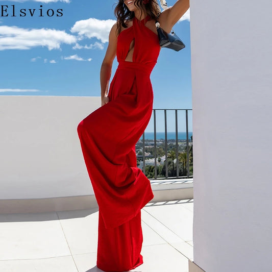 Women Fashion Hollow Combination High Street Hollow Backless Slim Long Jumpsuit 2025 Solid Cross Halter Wide Leg Office Rompers.