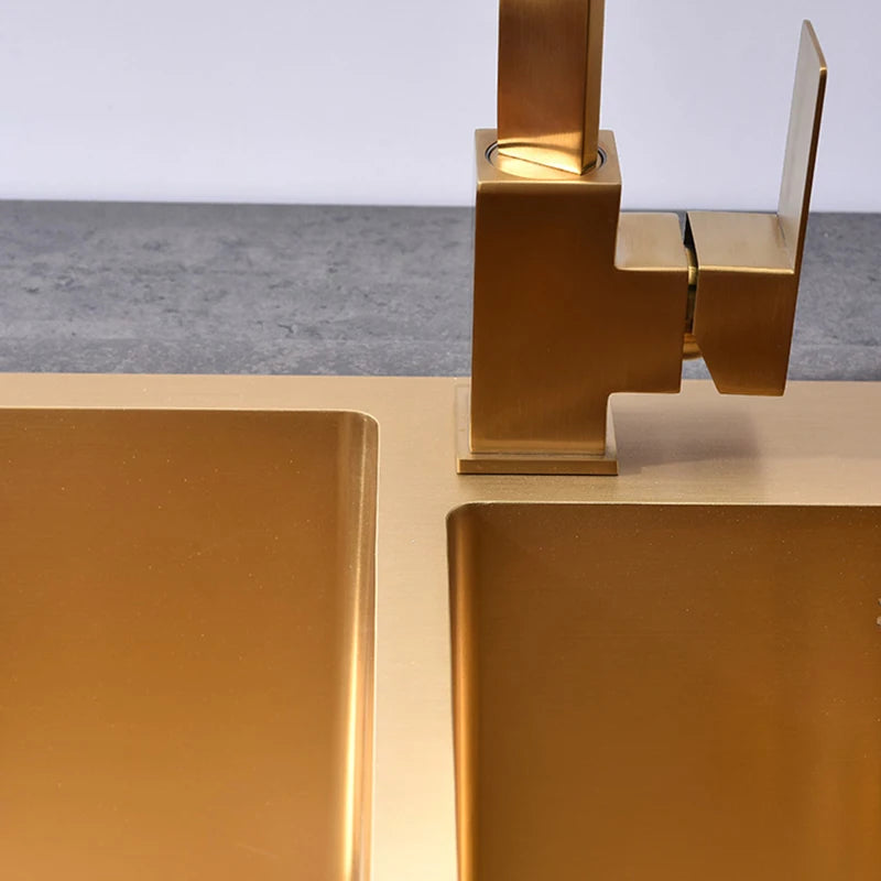 Goldene Küchenspüle über der Theke, Doppelschüssel, Goldkorb, Abtropffläche, Seifenspender, Waschbecken, Spülbecken aus Edelstahl 304, Spülbecken
