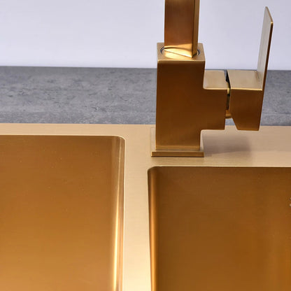 Goldene Küchenspüle über der Theke, Doppelschüssel, Goldkorb, Abtropffläche, Seifenspender, Waschbecken, Spülbecken aus Edelstahl 304, Spülbecken