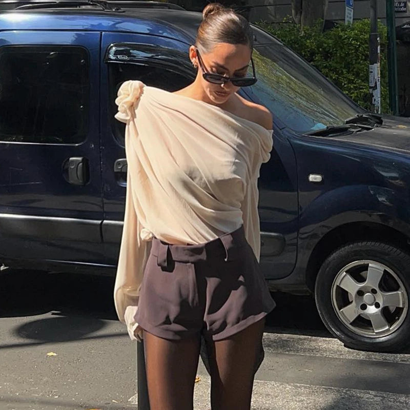 WhereMery Sexy Irregular Oblique-neck Flower Applique T Shirt Summer Off Shoulder Fashion Long Sleeve Crop Tops Street Mesh Tees.