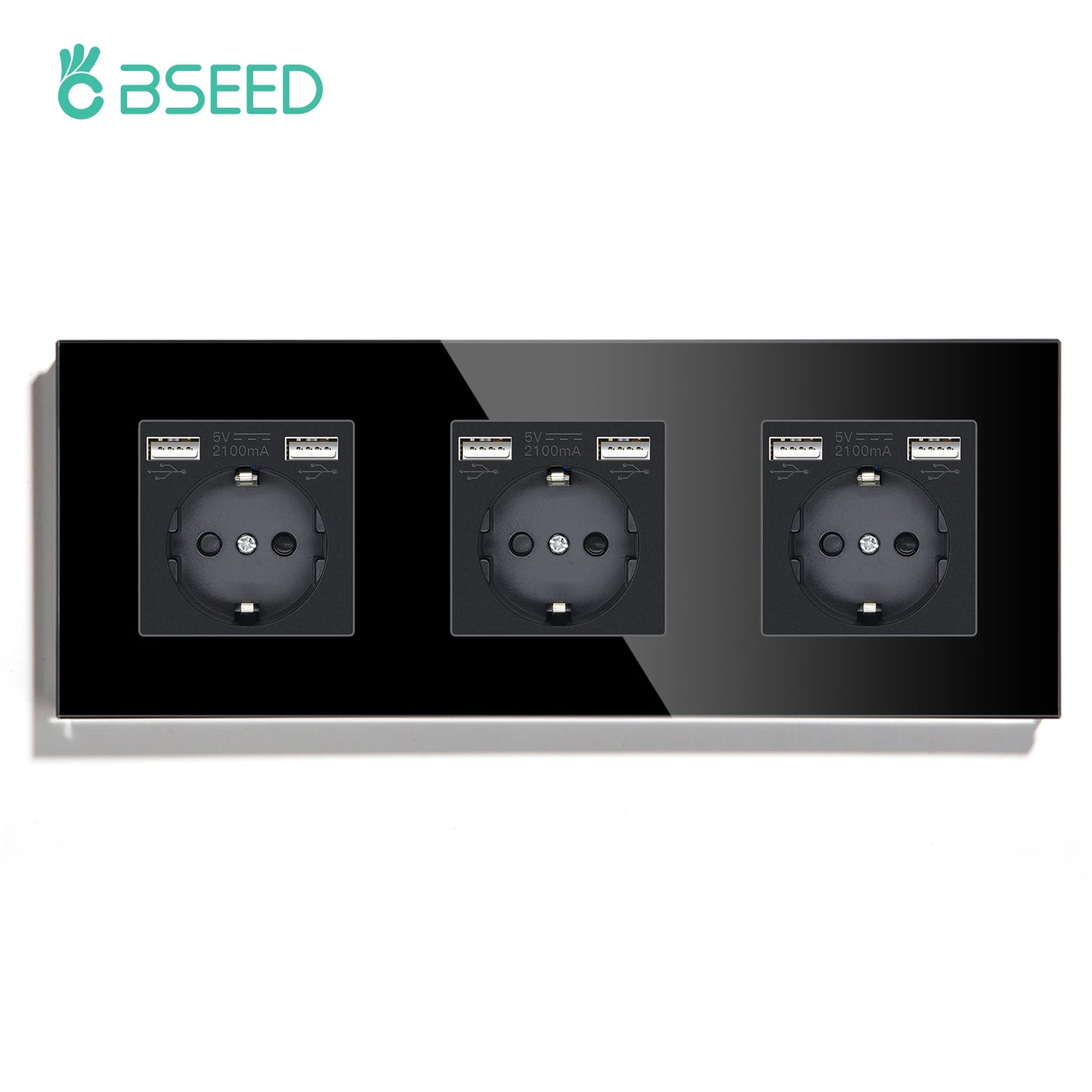 BSEED Touch-Lichtschalter mit EU-USB-Steckdosen, schwarze Wand-LED-Schalter, 1/2/3 Gang, 1-Wege-Kristall, dunkelblaue Hintergrundbeleuchtung, Wandschalter