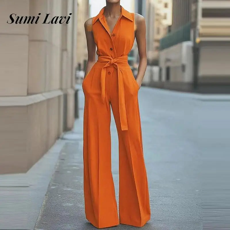 Elegant Lapel Collar Commuter Long Jumpsuits Women Casual Sleeveless Solid Romper Office Fashion Button Lace-Up Waist Playsuits.