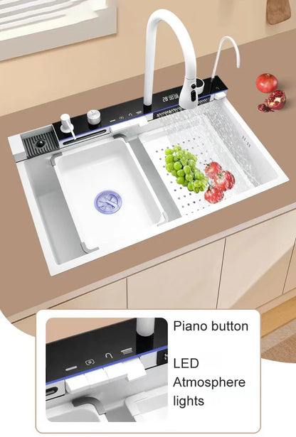 Stainless Steel Kitchen Sink with Hot Cold Pull Out Kitchen Sink Faucets Digital Large Single Bowl Waterfall Rain Kitchen Sinks