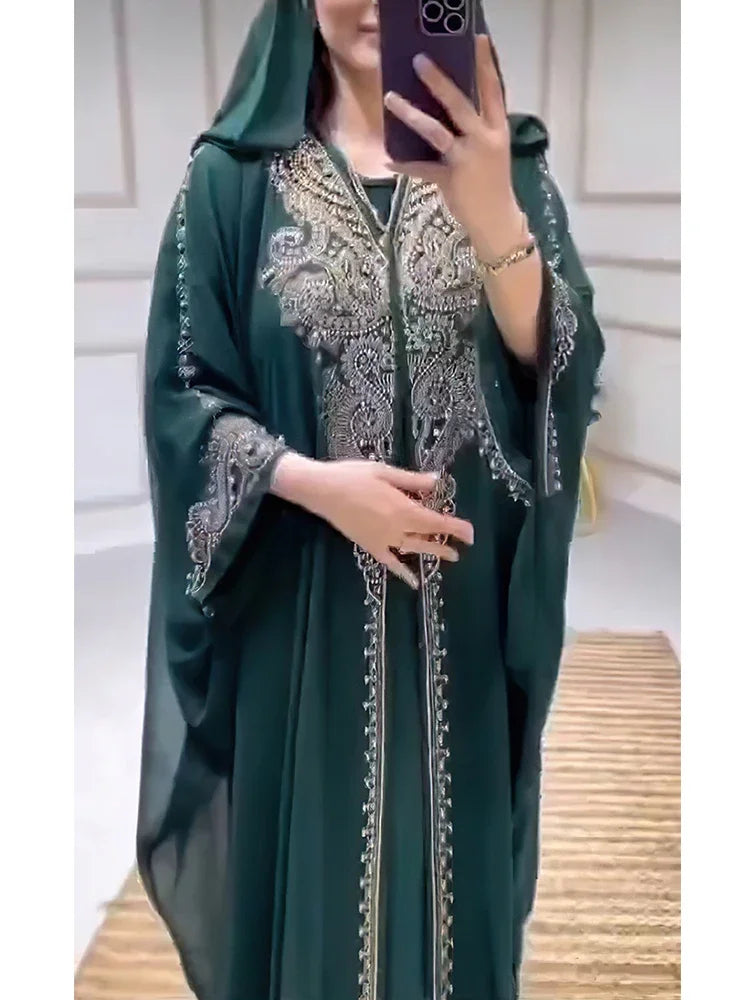 Eid Muslim Dress for Women Hooded Abaya 2 Piece Set Diamond Jalabiya Morocco Party Dresses Dubai Abayas Kaftan Vestido Long Robe.