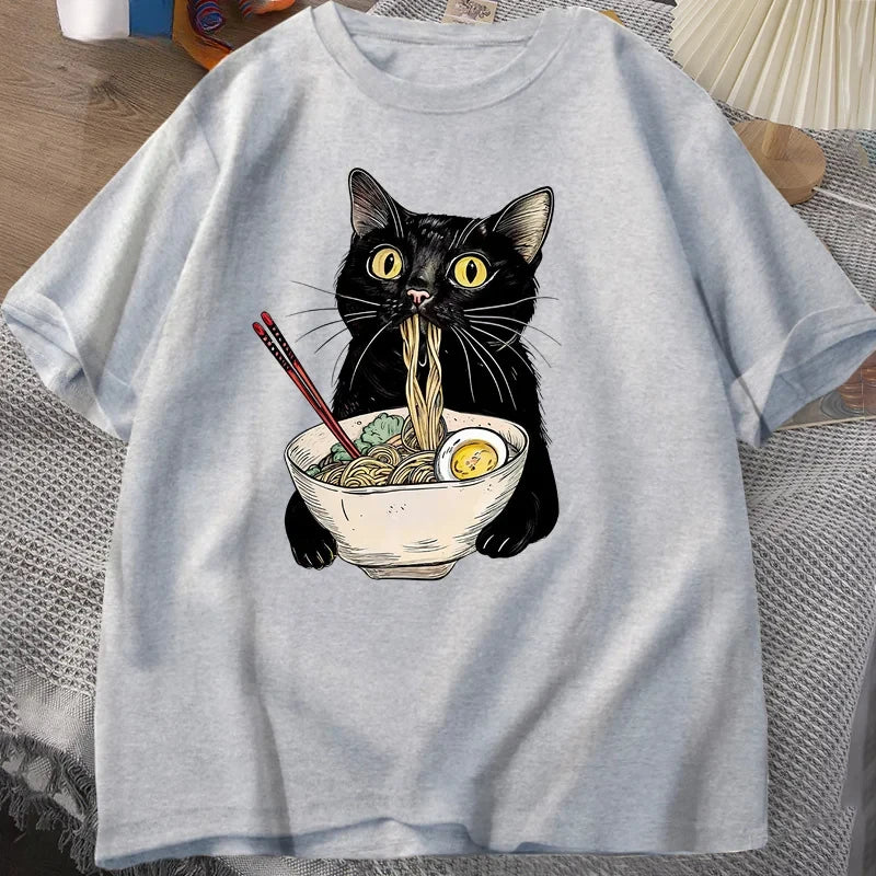 Nudel Ramen Katze T-Shirt Foodie Liebhaber T-Shirts Schwarze Katze Nudel T-Shirts Retro Casual Kurzarm T-Shirt für Männer Frauen Kleidung