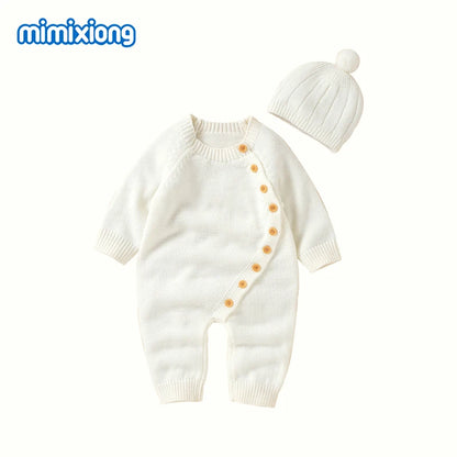 White Baby Girl Rompers Clothes Winter Long Sleeve Knitted Newborn Infant Boy Jumpsuits Hats Outfits Sets 0-18m Toddler Playsuit