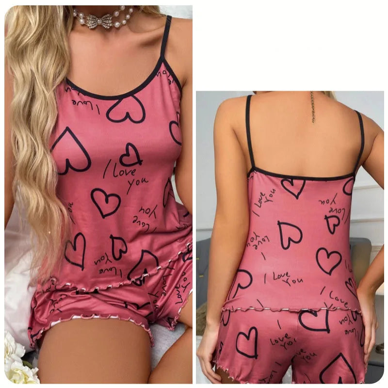 Herzförmiges bedrucktes Pyjama-Set für Damen, sexy Pyjama, Seiden-Plissee-Weste, Shorts-Set, weich und bequem, Heimkleidung, süß und süß