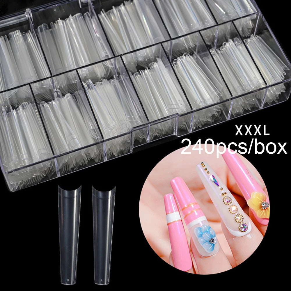 240PC Professional 3XL Extra Long Clear Square Nail Tips 12 Sizes Half Cover Acrylic Nails NO C CURVE Long Square Fake Nail Tips.