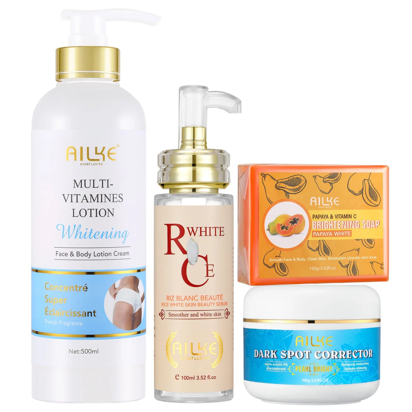 AILKE Natural Multi-Vitamin Lightening Skin Care Kit, Moisturize, Even Toning, Remove Dark and White Spots, Clean & Smooth Skin.