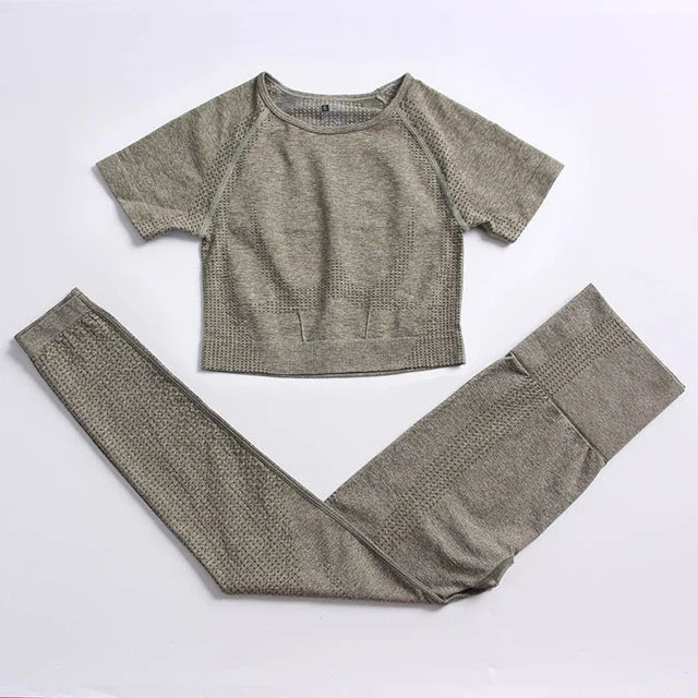 2/4PCS Summer Seamless Yoga Set Women Workout Clothes Sports Bra Short Sleeve Crop Top High Waist Legging Fitness Sports Suits