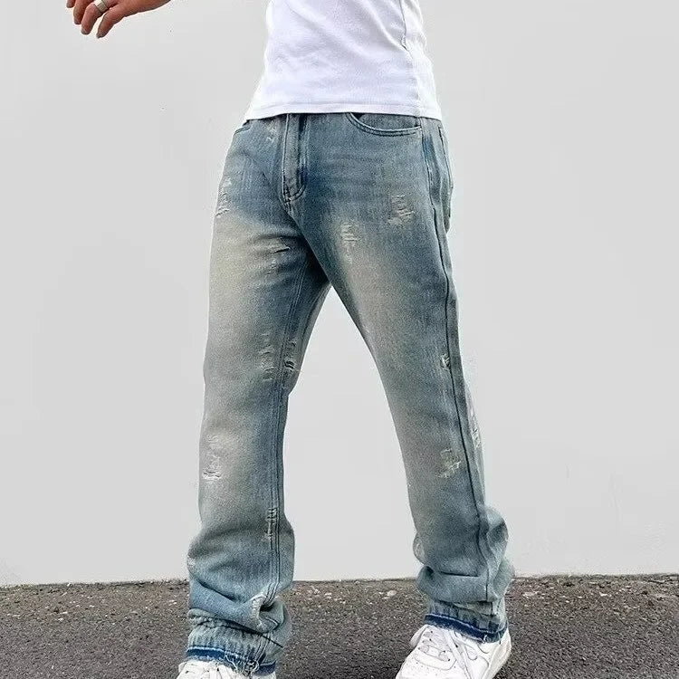 Loose Men's Straight Leg Jeans Casual High Street American Style Torn Frayed Hem Wide Leg Pants Trendy Casual Denim Trousers.