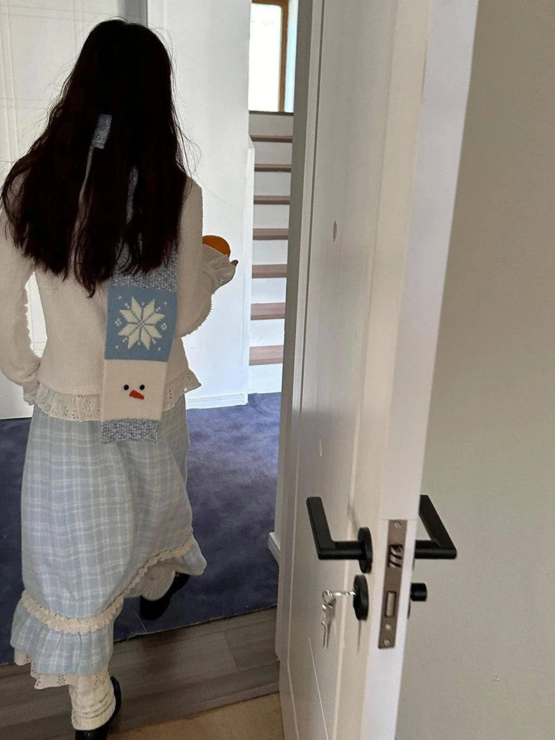 Japanese Sweet Long Skirt Women Fall Winter Blue Plaid Vintage Preppy Patchwork Skirts High Waist A Line Loose Casual Cute Skirt.