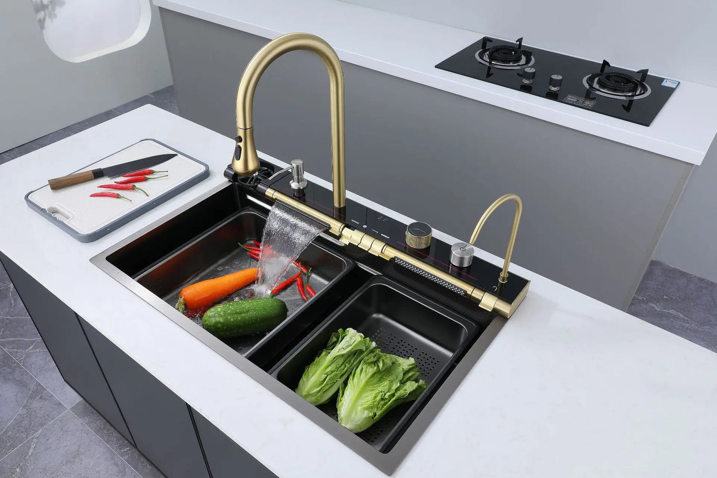 Golden Household Stainless Steel Waterfall Kitchen Sink MultiFunction Wash Vegetable and Dish Countertop Basin Large Single Slot