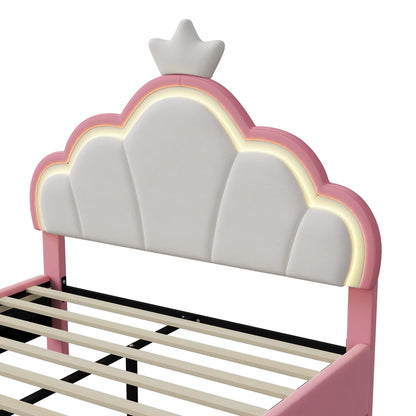 Lazyspace Samt-Polsterbett, LED-Kopfteil in Wolkenform mit dekorativer Krone, rosa Bettrahmen für Mädchen