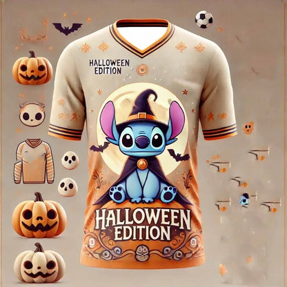 Disney Women's Men's Sports Jersey Halloween Stitch Print Short Sleeve Summer Graphic Tee Children Cartoon Size Sport T-Shirt.