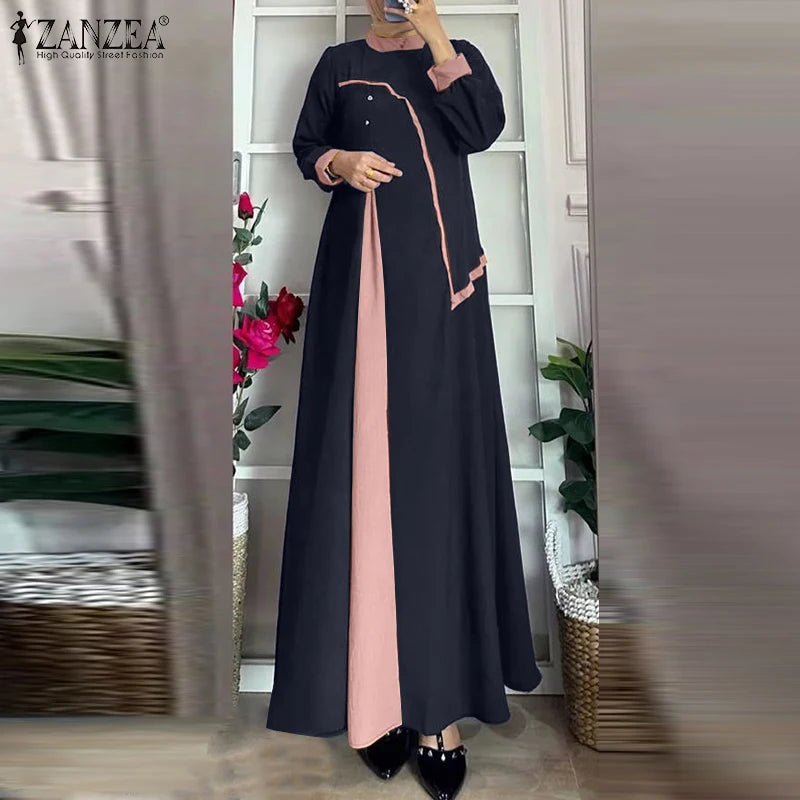 ZANZEA Women Autumn Patchwork Long Sleeve Maxi Dresses Muslim Turkey Abaya Dress Hijab Sundress Robe Femme Loose Vestidos Kaftan.
