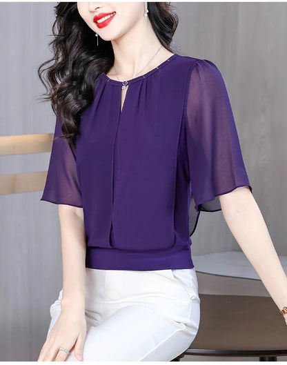Summer Clothing Half Sleeve Chiffon Blouse 2025 New Fashion Loose Women Tops Solid Color Casual Pullovers Shirt.