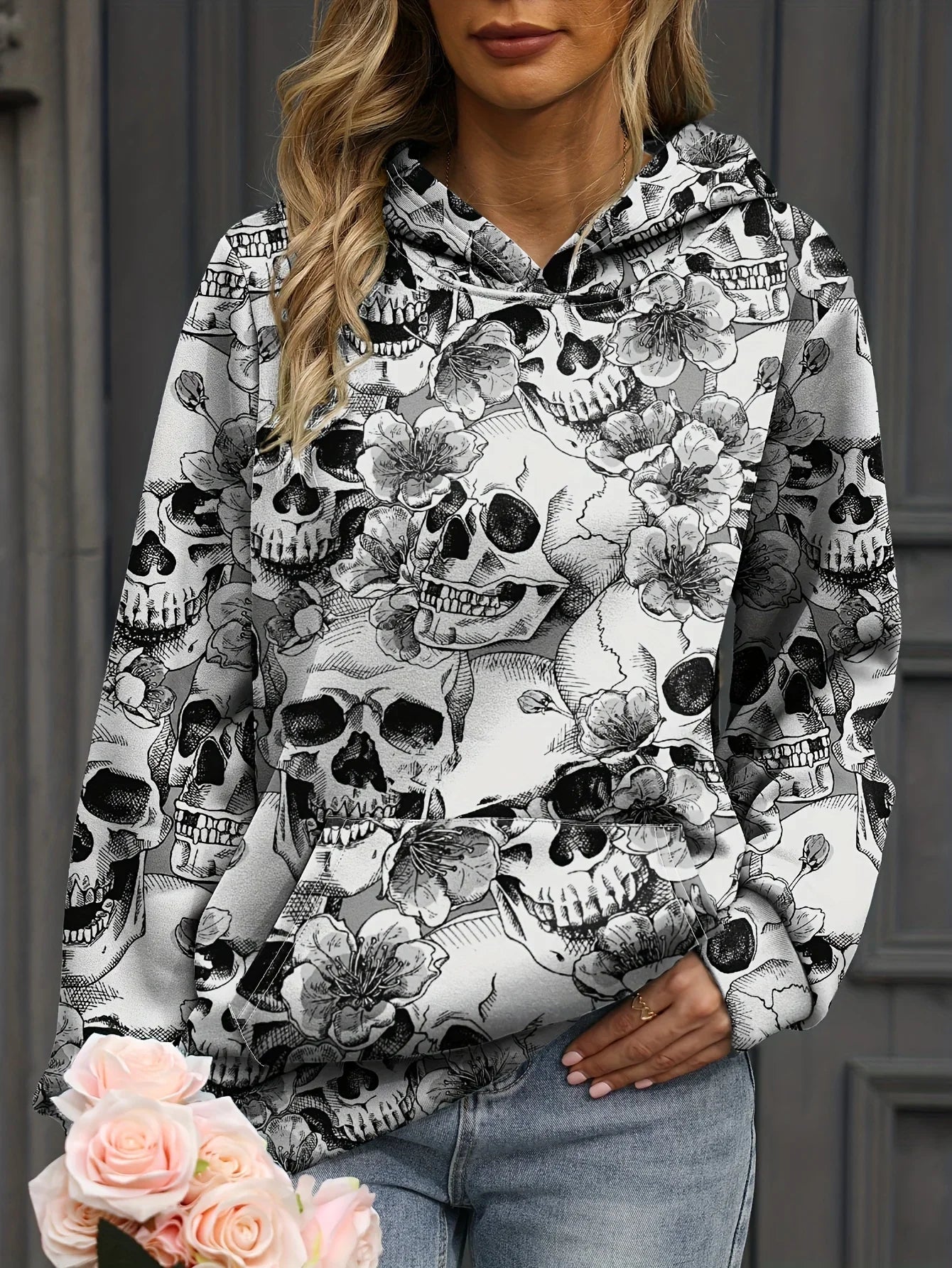 Autumn Floral Skull 3D Print Hoodies Women Fashion Casual Harajuku Sweatshirts Oversized Hood Pullover Female Tracksuit Clothing.