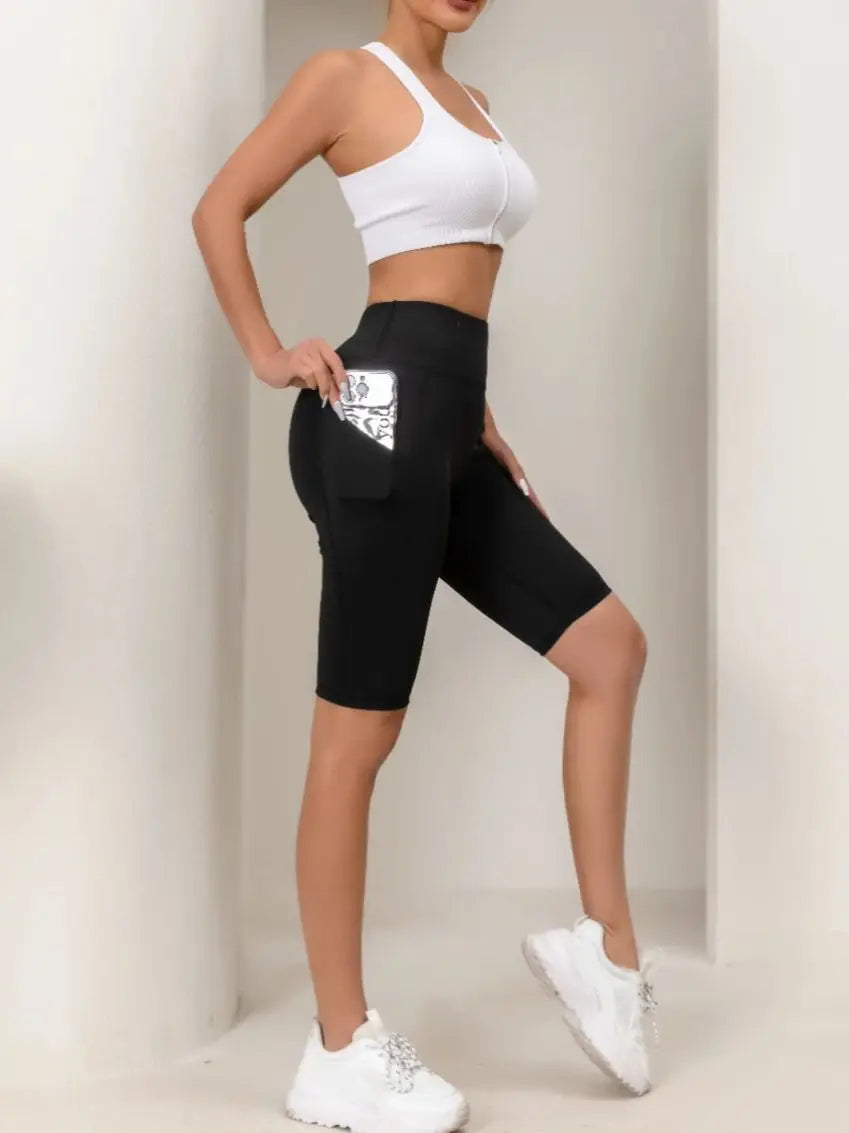 Running shorts, gym sports capris, high waisted pull-up running pants, pocket yoga pants, women's elastic fitness pants.
