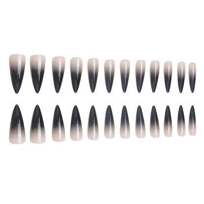 24pcs Black Gradients Long Paragraph Fashion Manicure Patch Reusable Adhesive False Nails Almond Fake Nails Press On Stiletto.