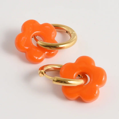 Colorful Flower Glass Drop Charms Earring Gold Color Circle Ear Buckle Hoops Stainless Steel Earrings Fashion Jewelry for Women