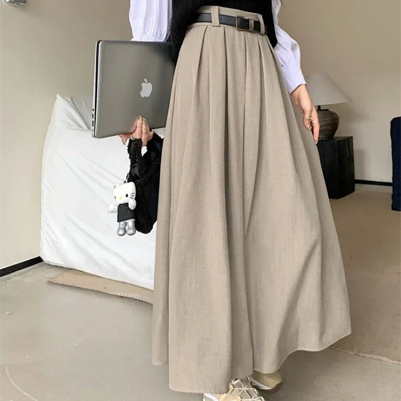 2024 New Korean Skirt Women Solid Color Versatile Mid-length Pleated Skirt Large Swing Type Skirt Female Long Skirts for Women.