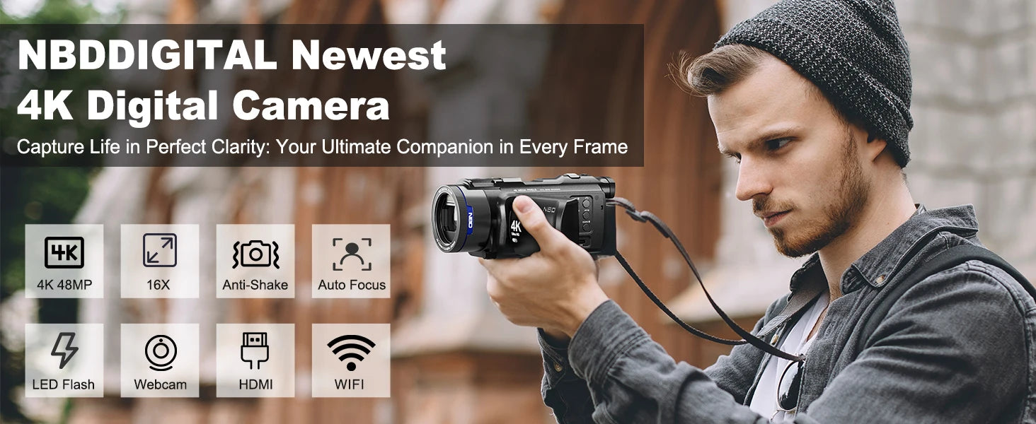 NBD 4K Camcorder Video Camera with 48MP Vlogging Camera With Wi-Fi & App Control,Video Recorder with 3X Battery Life, 16X Zoom.