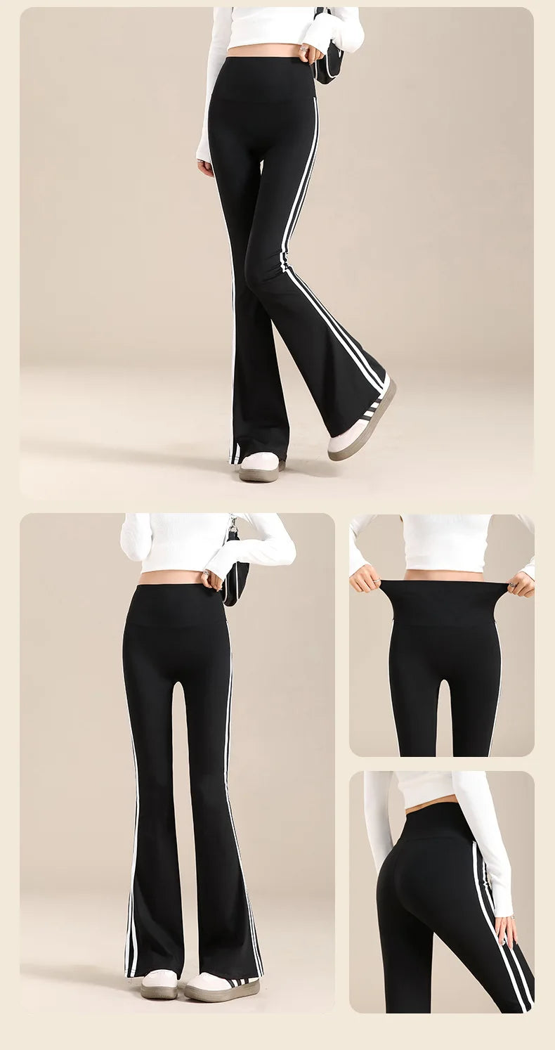 Womens High Waisted Yoga Fitness Leggings American Style Running Butt Lift Stretch Gym Workout Fashion Striped Flared Leggings.