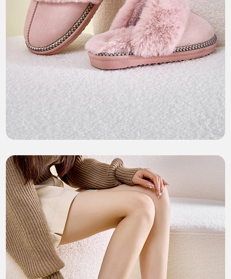 Litfun Women's Warm Fuzzy Slippers Winter New Fur Collar Indoor Plush Flat Slides Fluffy Women Cotton Shoes Furry House Slippers.