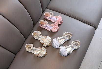 Fashion Children's Sandals 2024 Spring Summer Shining Flowers Sweet Girl Princess Shoes Dance Performance Kids Sandals J191.