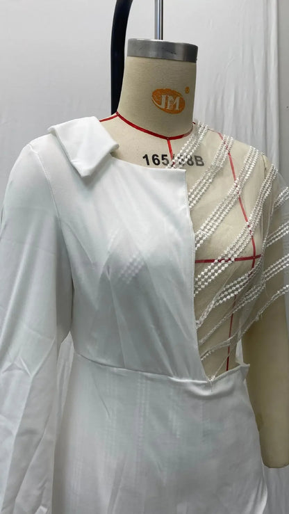 2024 Spring New Women's Clothing Amazon V-Neck Lace Irregular Gown Jumpsuit Colorful Blocks Inverted Pleated Prom Gowns.