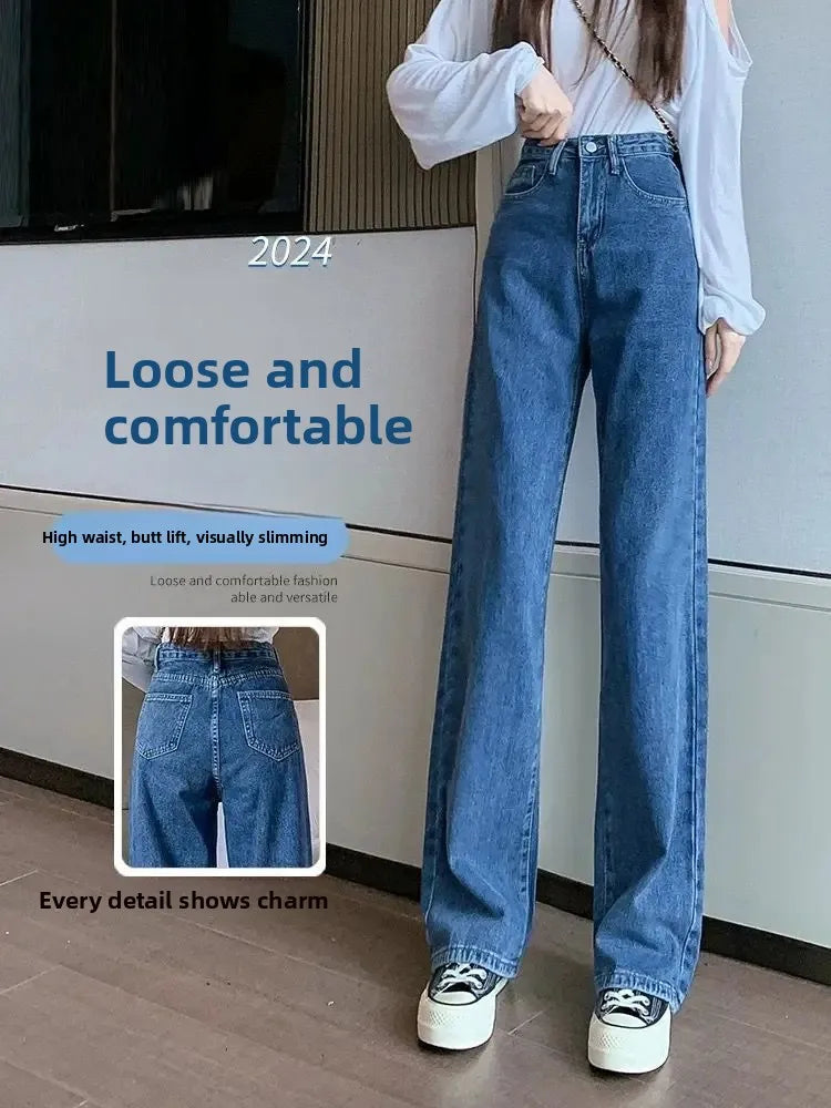 High Waist Straight Leg Jeans Women's Spring New Slim Fit Spring Autumn Narrow Version Smoking Pipe Pants.