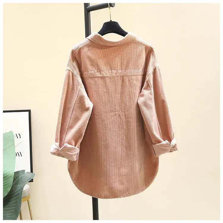 2023 frühling Herbst Cord Langarm-shirt für Frauen Koreanische Ausgabe Casual Mode Medium länge Shirts Weibliche Outwear Tops