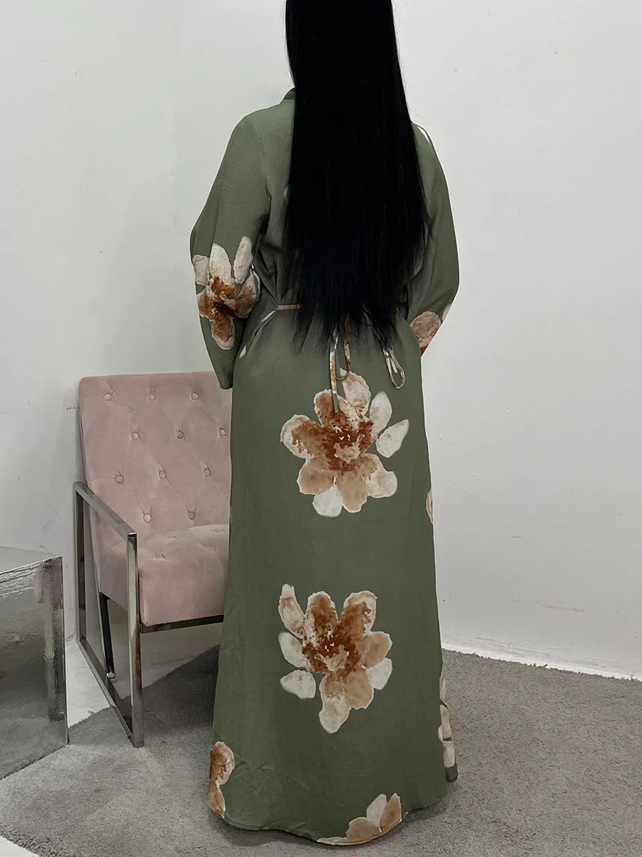 Women Arabic Eid Muslim Dubai Abaya Dress Luxury Fashion Flower Print Long Dress Kaftan Robe Femme African Islam Clothing Kebaya.
