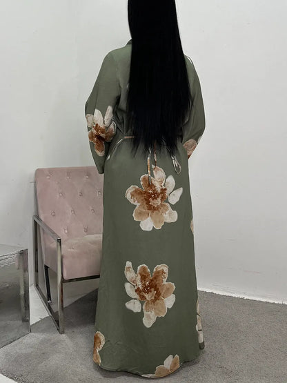 Women Arabic Eid Muslim Dubai Abaya Dress Luxury Fashion Flower Print Long Dress Kaftan Robe Femme African Islam Clothing Kebaya.