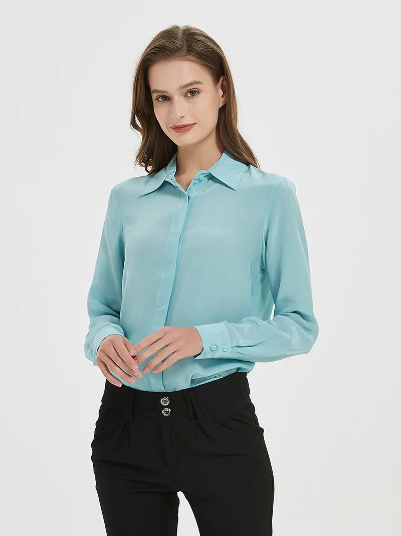 SuyaDream Damen-Seidenhemden, 100 % echte Seide, solide, langärmelige, schicke Blusen mit Knöpfen, 2025, Frühling, Sommer, Büro-Dame-Top, Weiß.