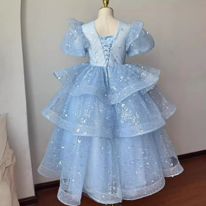 Mädchen Kleid 2025 Neue Frühling Elsa Baby Prinzessin Kleid Puffy Tüll Blau Geburtstag Kleine Host Leistung.