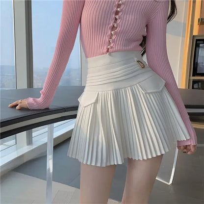 White Pleated Skirt Women  High Waist Skater Skirt Female Korean A-Line High Fashion Casual Short Skirt Women Bottoms.