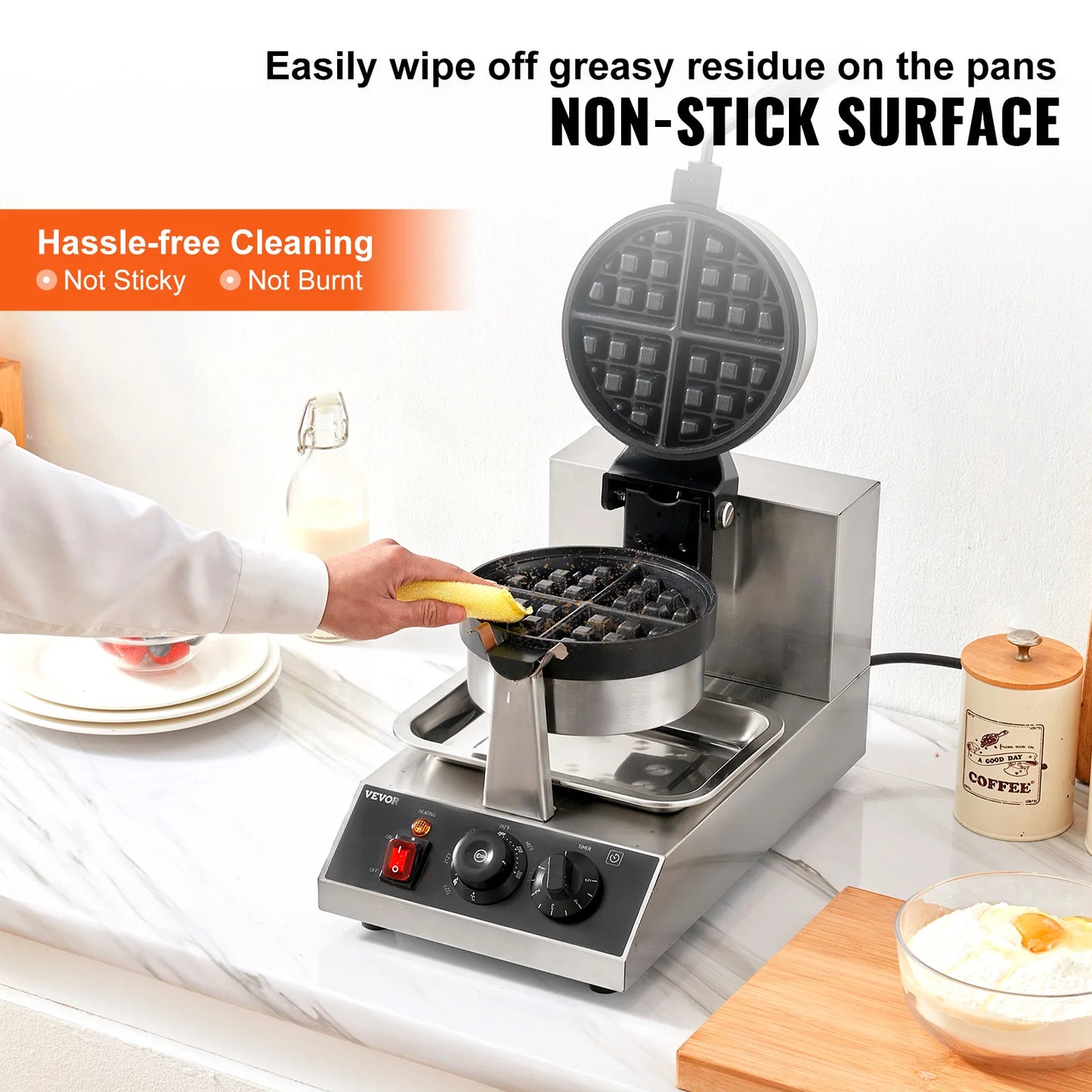 SucceBuy Electric Waffle Maker Stainless Steel Round Waffle Iron Non-Stick Waffle Baker Machine Teflon-Coated Baking Pans.