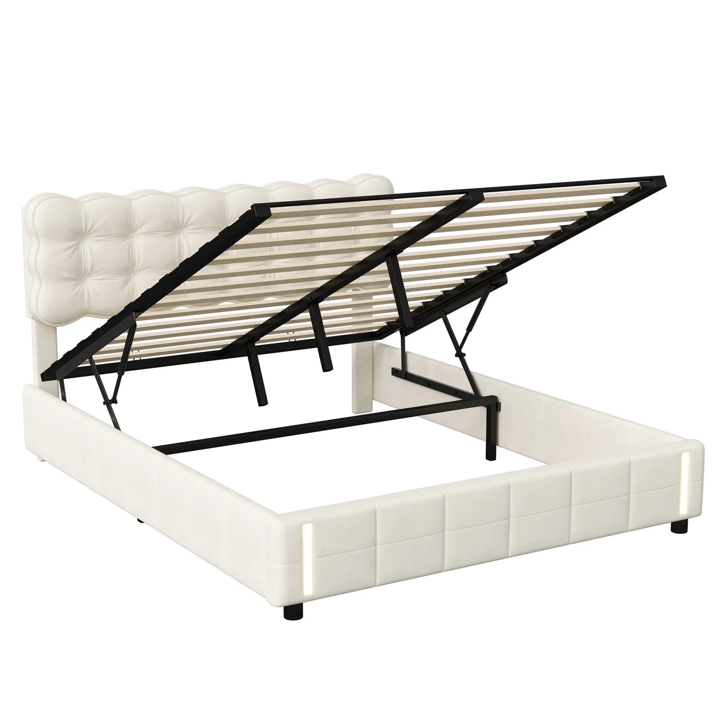 Rosahqnda Polsterbett 160 x 200 cm, Doppelbett mit LED, hydraulisches Stauraumbett, geeignet für Schlafzimmer, Mädchen, Erwachsene, Beige, Samt