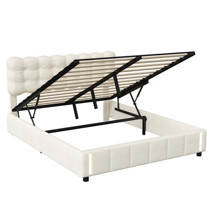 Rosahqnda Polsterbett 160 x 200 cm, Doppelbett mit LED, hydraulisches Stauraumbett, geeignet für Schlafzimmer, Mädchen, Erwachsene, Beige, Samt