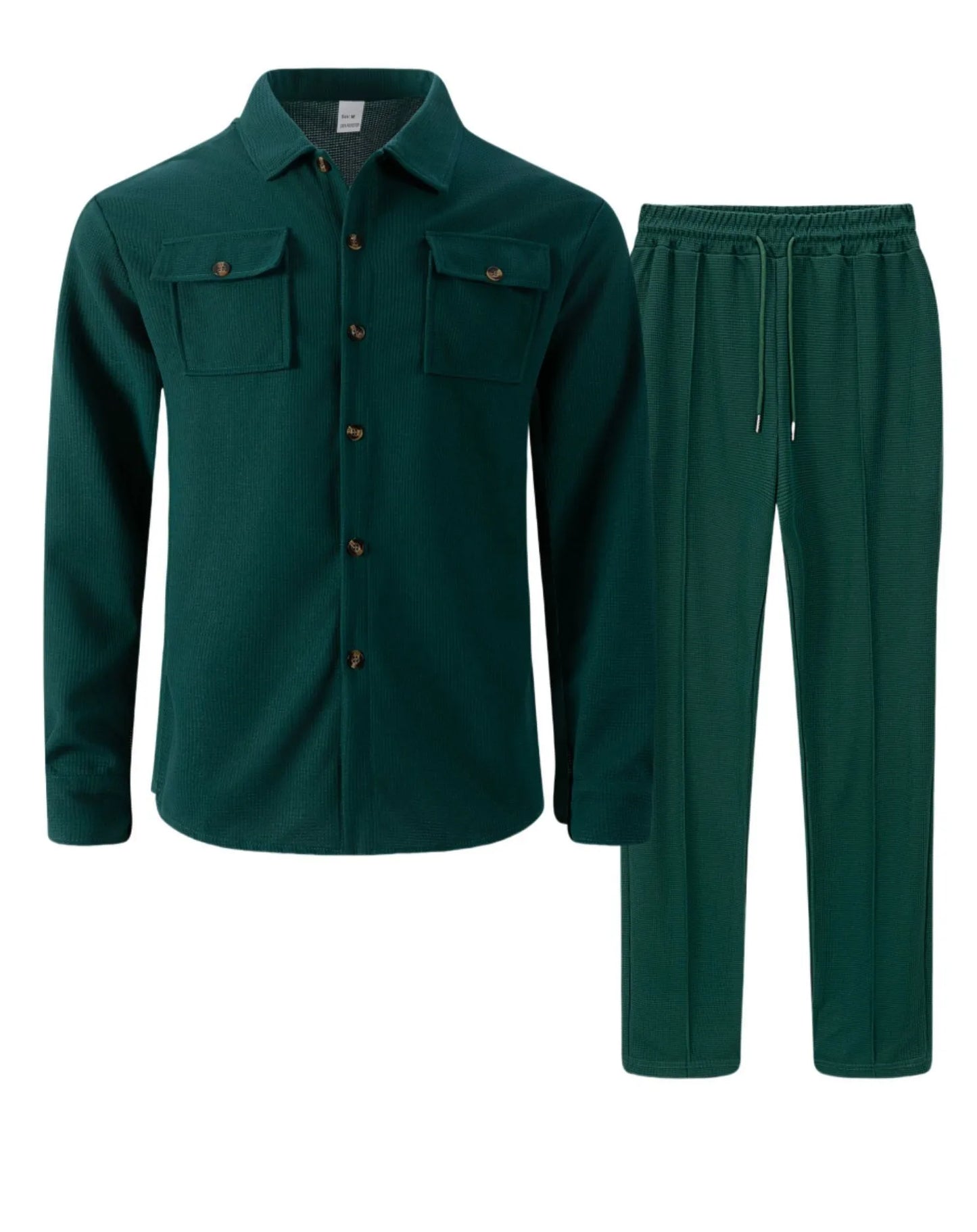 New autumn style waffle long-sleeved solid-color double-pocket buttoned cardigan shirt and pants set.