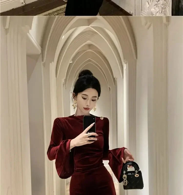 Internet Celebrity High-End-Samtkleid Leichtes, temperamentvolles, hoch tailliertes, schlankes, burgunderrotes Fischschwanzkleid.